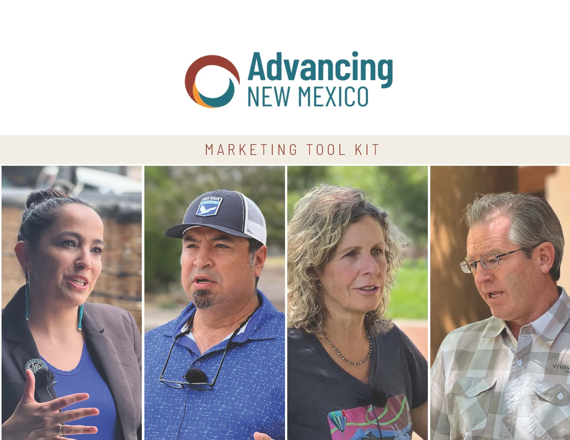 Advancing New Mexico marketing toolkit cover with four portraits of New Mexicans speaking on camera