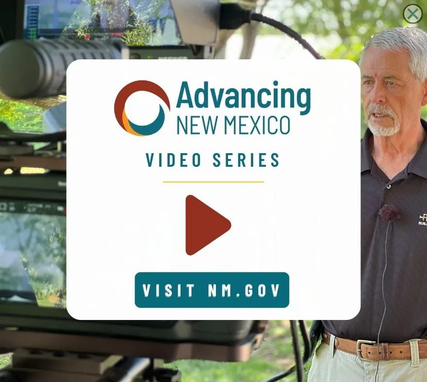 Website pop-up for the Advancing New Mexico video series with a play button and a Visit NM.gov button