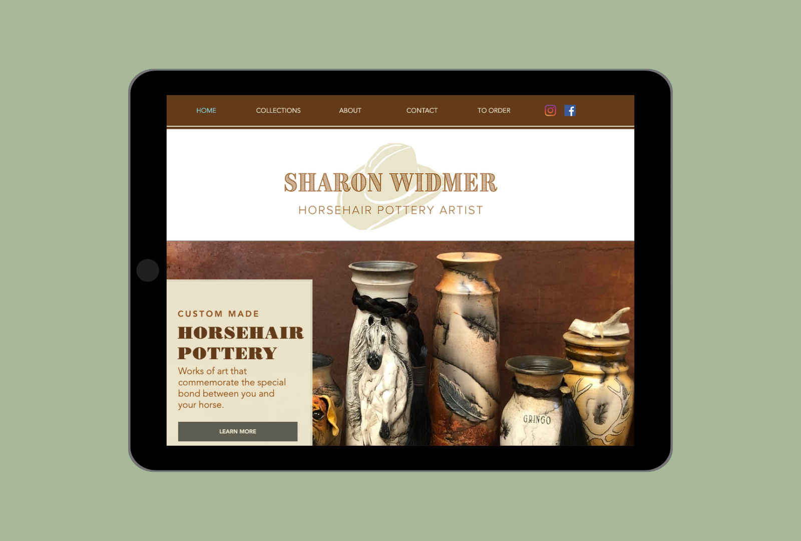 Sharon Widmer horsehair pottery website shown on a tablet