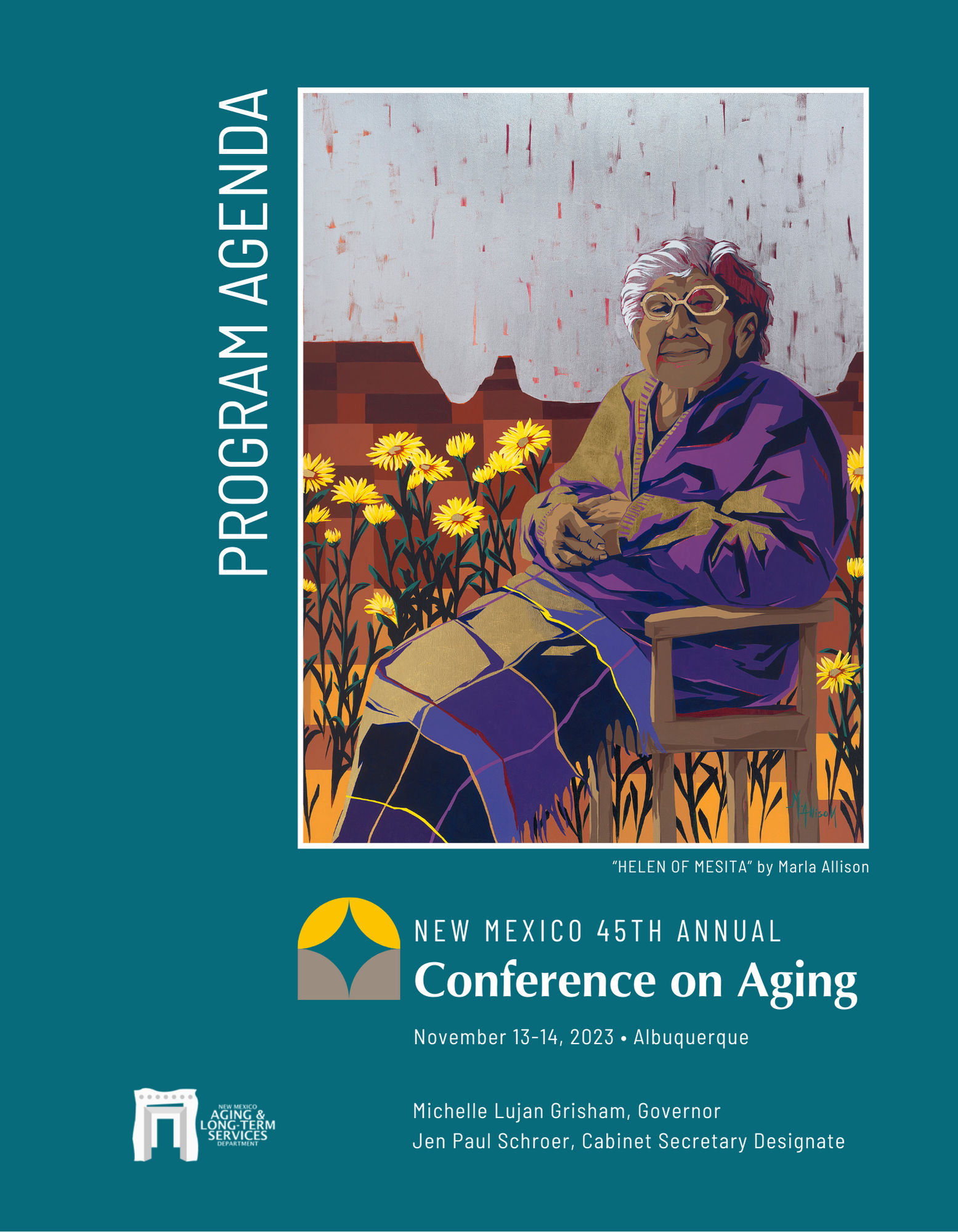 Program agenda cover for the 45th Annual Conference on Aging featuring a painting of an elder seated among yellow flowers