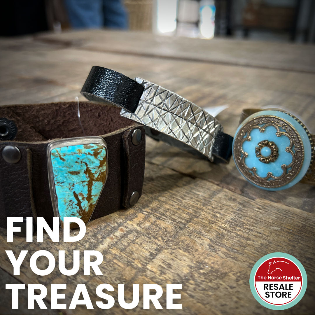 Instagram post reading Find Your Treasure with turquoise and silver cuffs on a wooden table