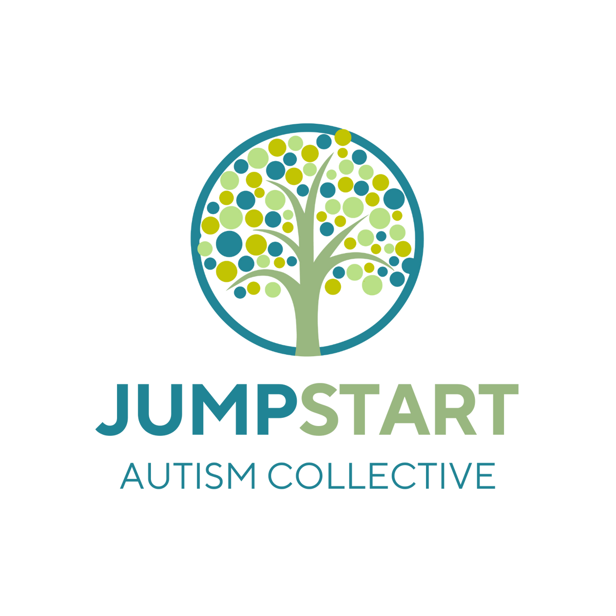 Jumpstart Autism Collective logo, a tree whose canopy is made of teal and green dots inside a circle