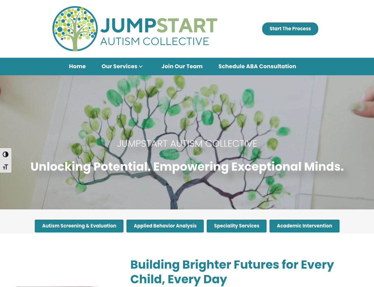 Jumpstart Autism Collective website homepage with a fingerprint tree painting and service buttons