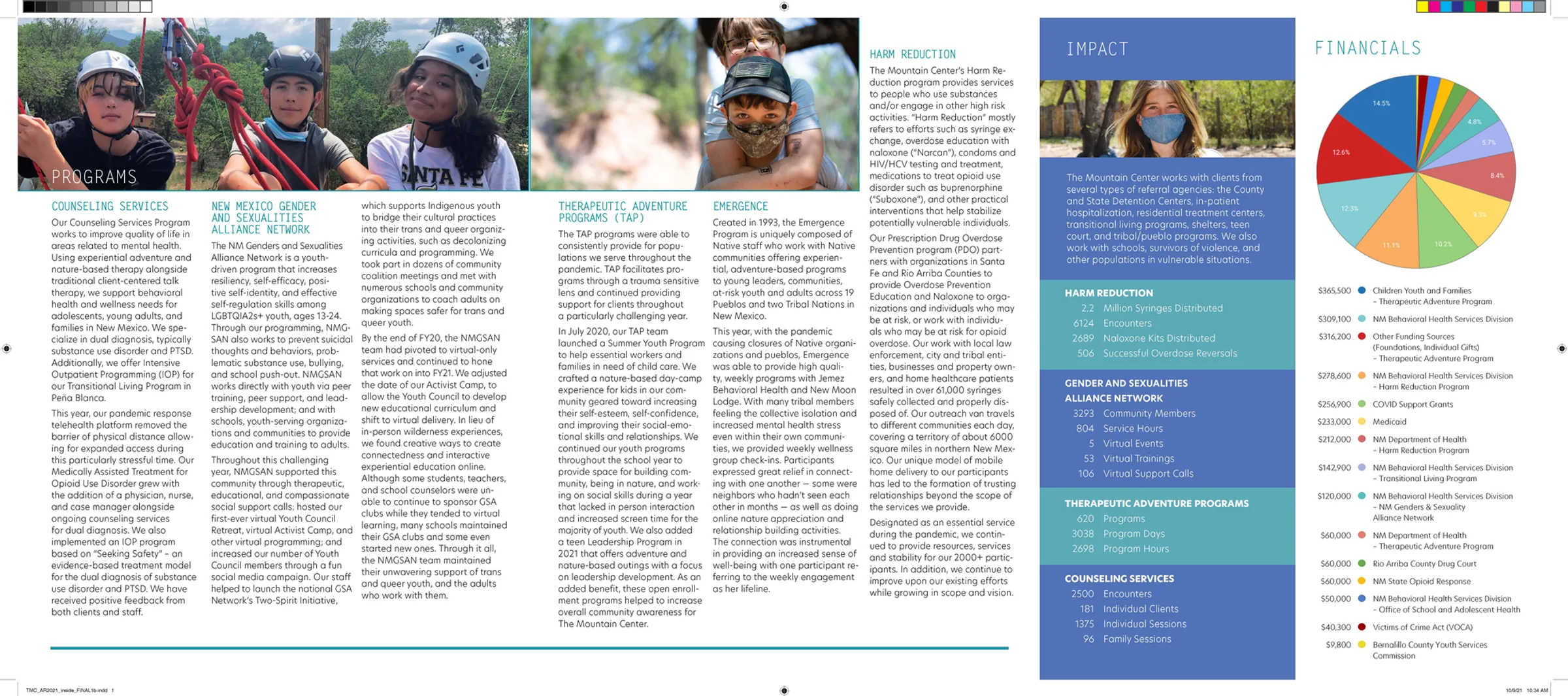 Inside spread of the FY2021 annual report with program stories, impact numbers and a financial chart
