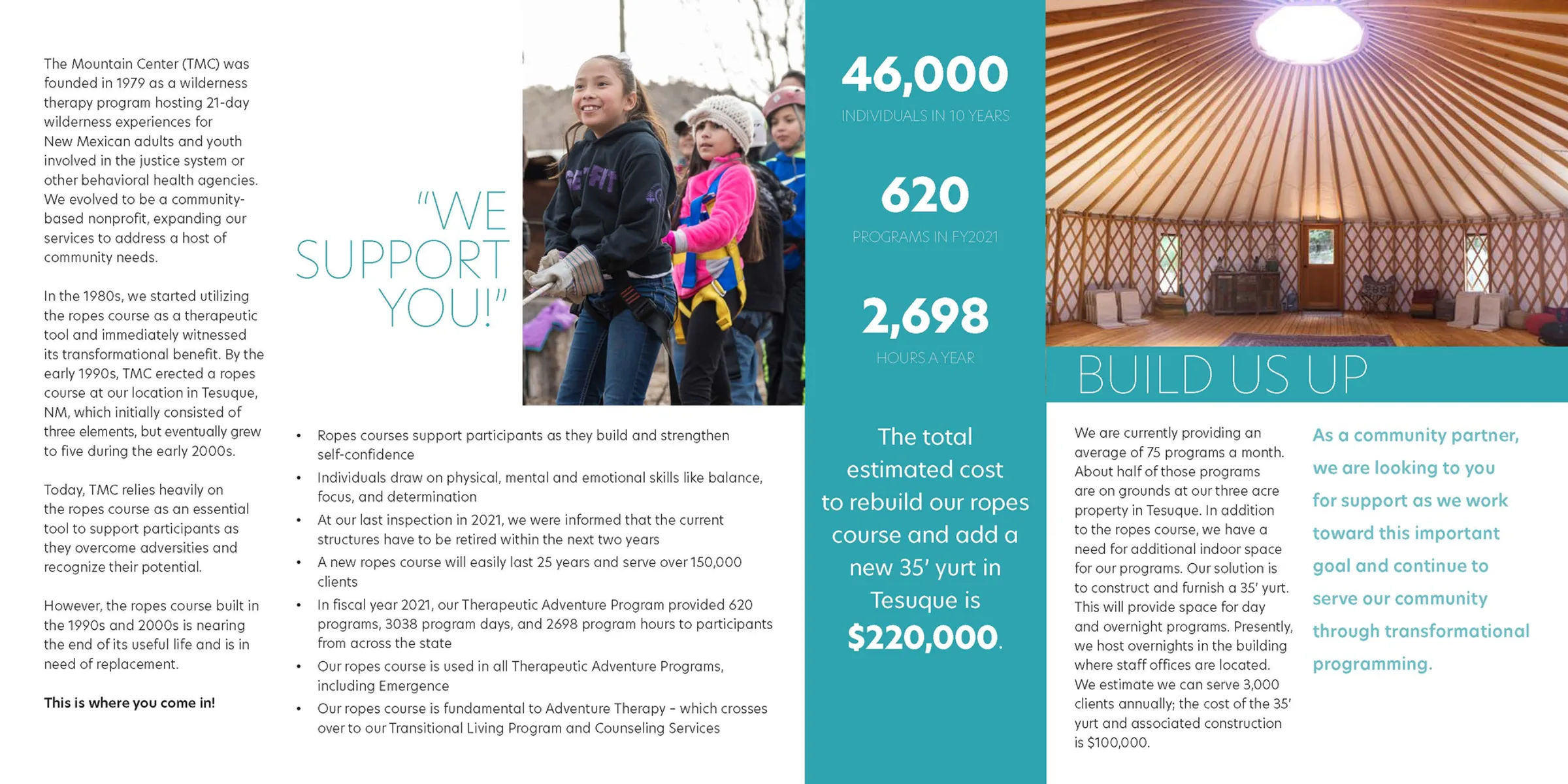 Inside of the capital campaign brochure with program numbers and the planned yurt