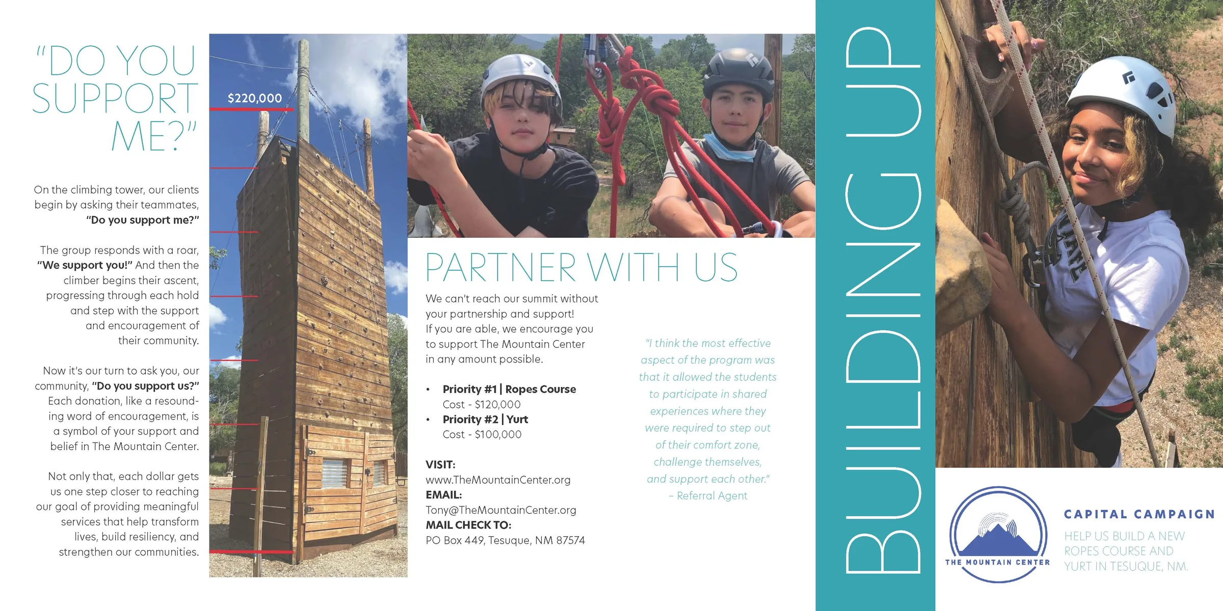 Outside of the Building Up capital campaign brochure with the climbing tower and young climbers