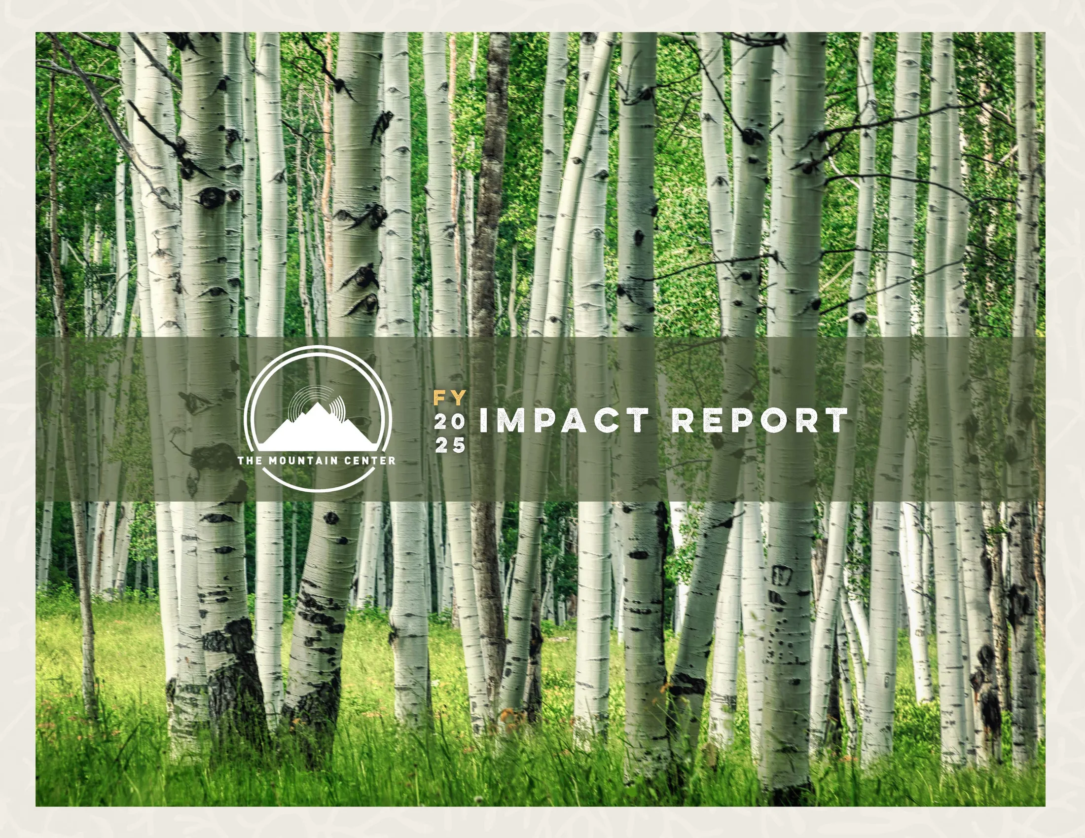 Cover of The Mountain Center FY2025 Impact Report, an aspen grove crossed by a translucent title band